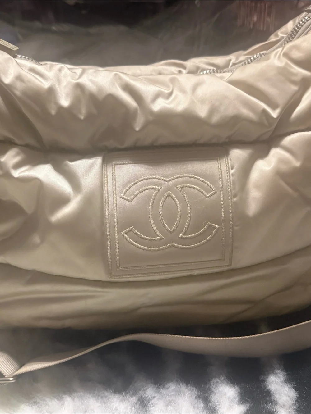 CHANEL Beige Quilted Nylon CC Logo Shoulder Bag